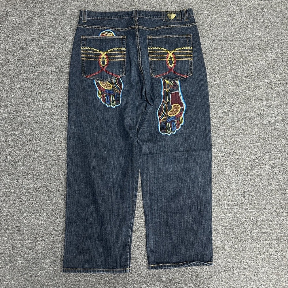 Muka Wear Baggy Jeans Mens 42 Blue Dark Wash Embroidered Streetwear Y2K Skater